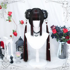 DIFEI Lolita Long Straight Wig – Highlighted Meatball Ponytail with Ring Buckle