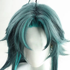 Genshin Impact Mandrill Split Wig โ Long Flowing Xiao Cosplay Hair with Mantis Protector Flair