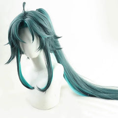 Genshin Impact Mandrill Split Wig โ Long Flowing Xiao Cosplay Hair with Mantis Protector Flair