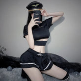 Sexy Cop Costume Set Black Police Officer Uniform - Cropped Top & Pleated Skirt