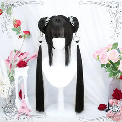 DIFEI Lolita Long Straight Wig – Highlighted Meatball Ponytail with Ring Buckle