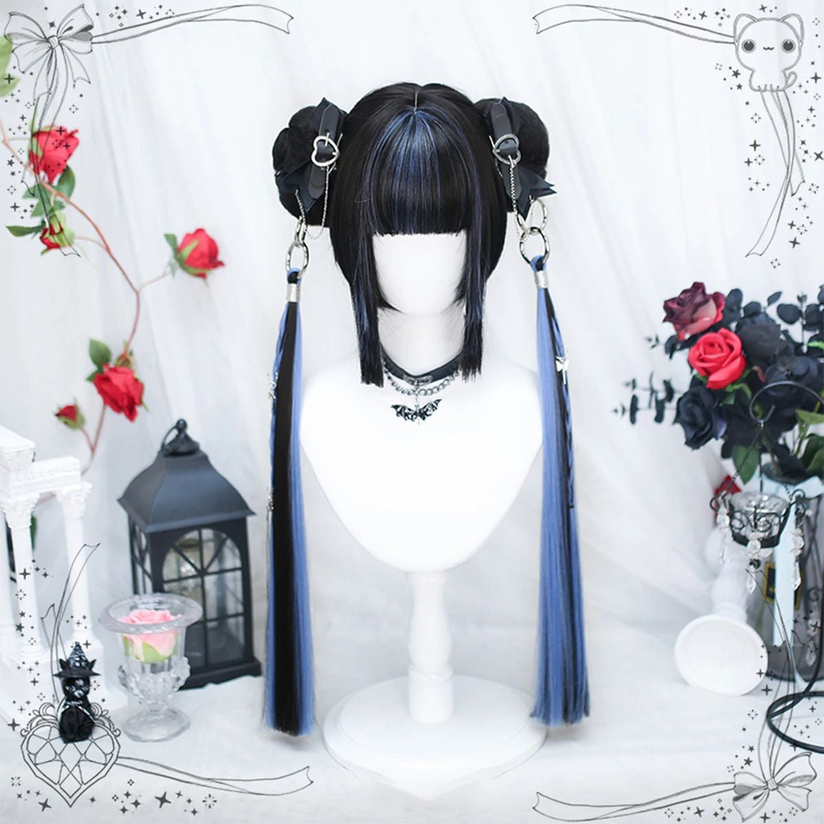 DIFEI Lolita Long Straight Wig – Highlighted Meatball Ponytail with Ring Buckle