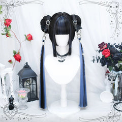 DIFEI Lolita Long Straight Wig – Highlighted Meatball Ponytail with Ring Buckle