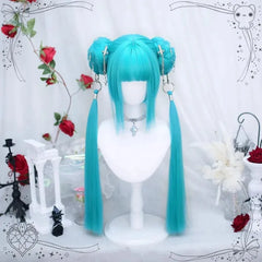 DIFEI Lolita Long Straight Wig – Highlighted Meatball Ponytail with Ring Buckle