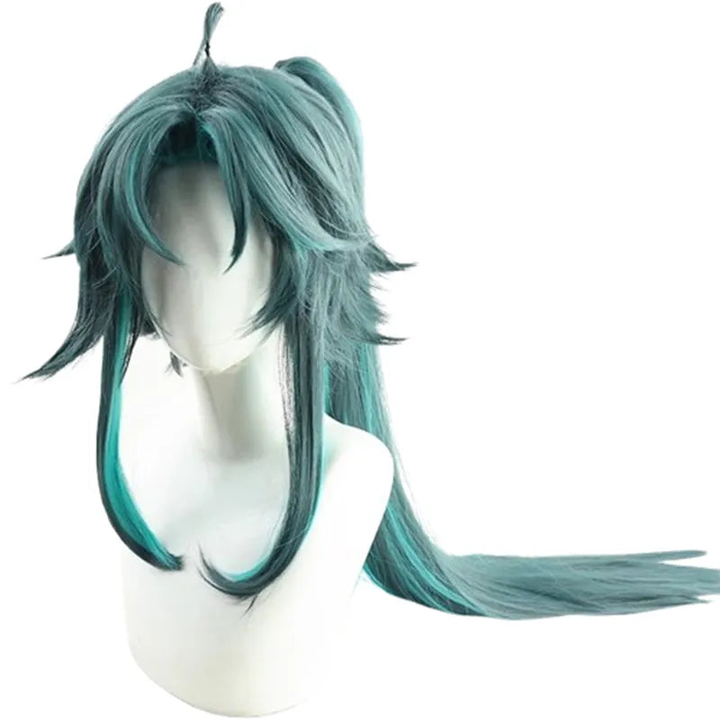 Genshin Impact Mandrill Split Wig – Long Flowing Xiao Cosplay Hair with Mantis Protector Flair