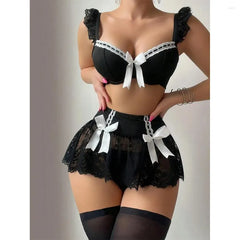 Bold Black Bow Bra & Lace Skirt Set