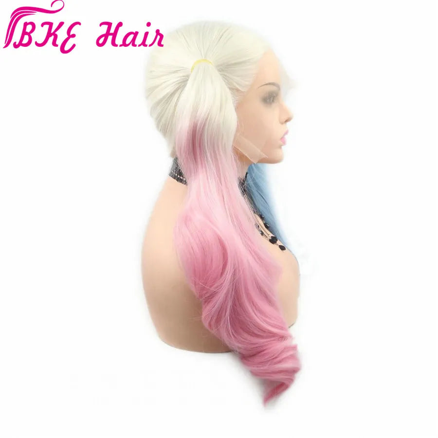 Blonde-to-Pastel Ombre Lace Front Wig – Long Heat-Resistant Blue & Pink Waves