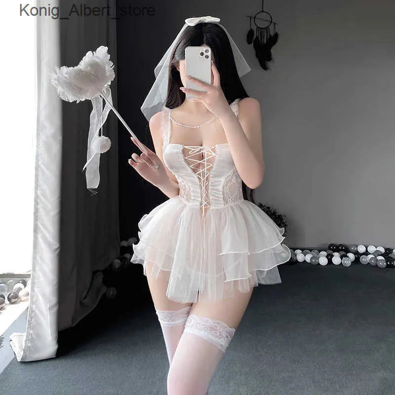 Sexy Skirt 2024 Sexy Womens Wedding Dress Uniform Cosplay Lingerie Set Hot Erotic Transparent Lace Apparel for Sex Underwear Porno Outfit L240910