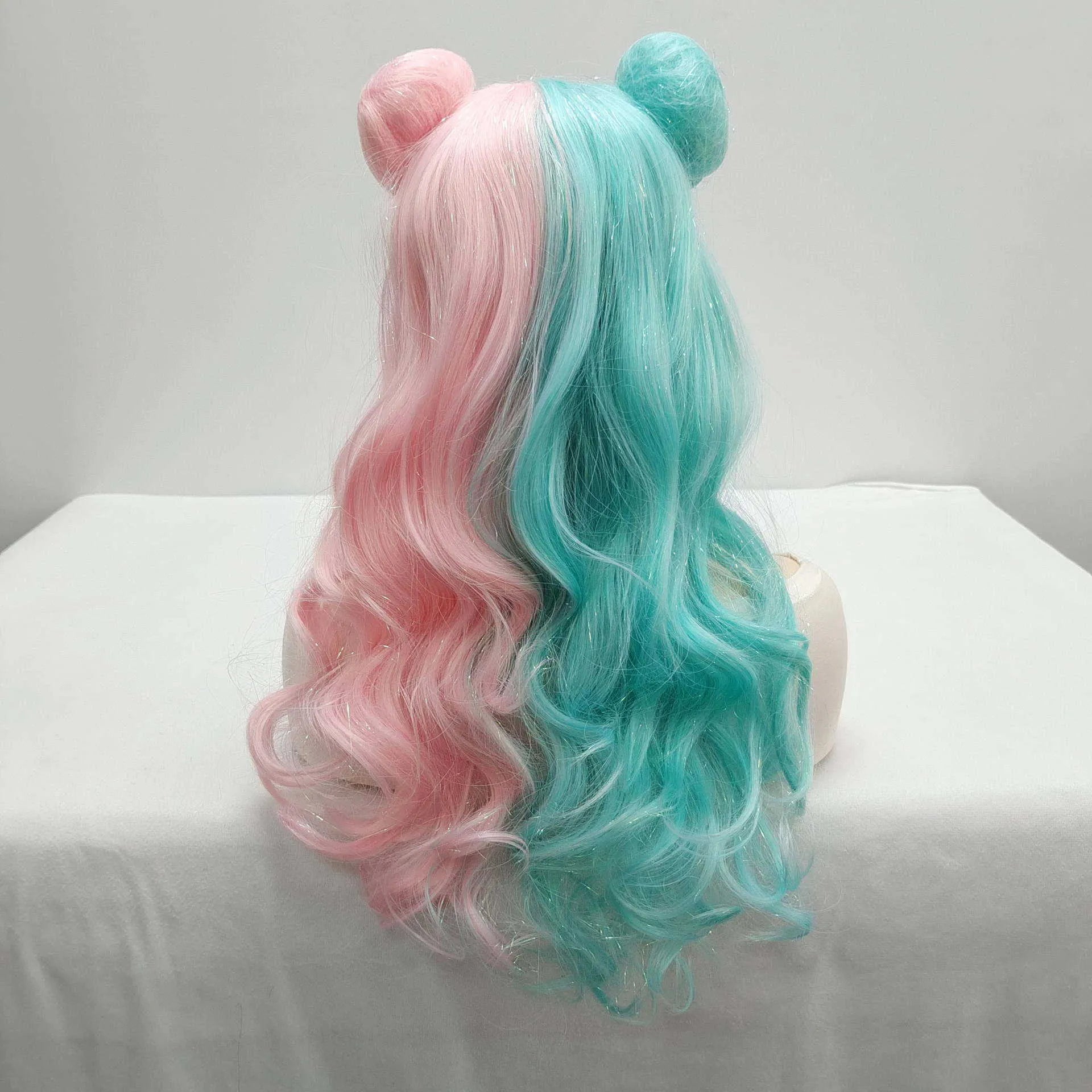 Cute Double Bun Anime Wig – Long Curly Cosplay Hair Cover for Girls