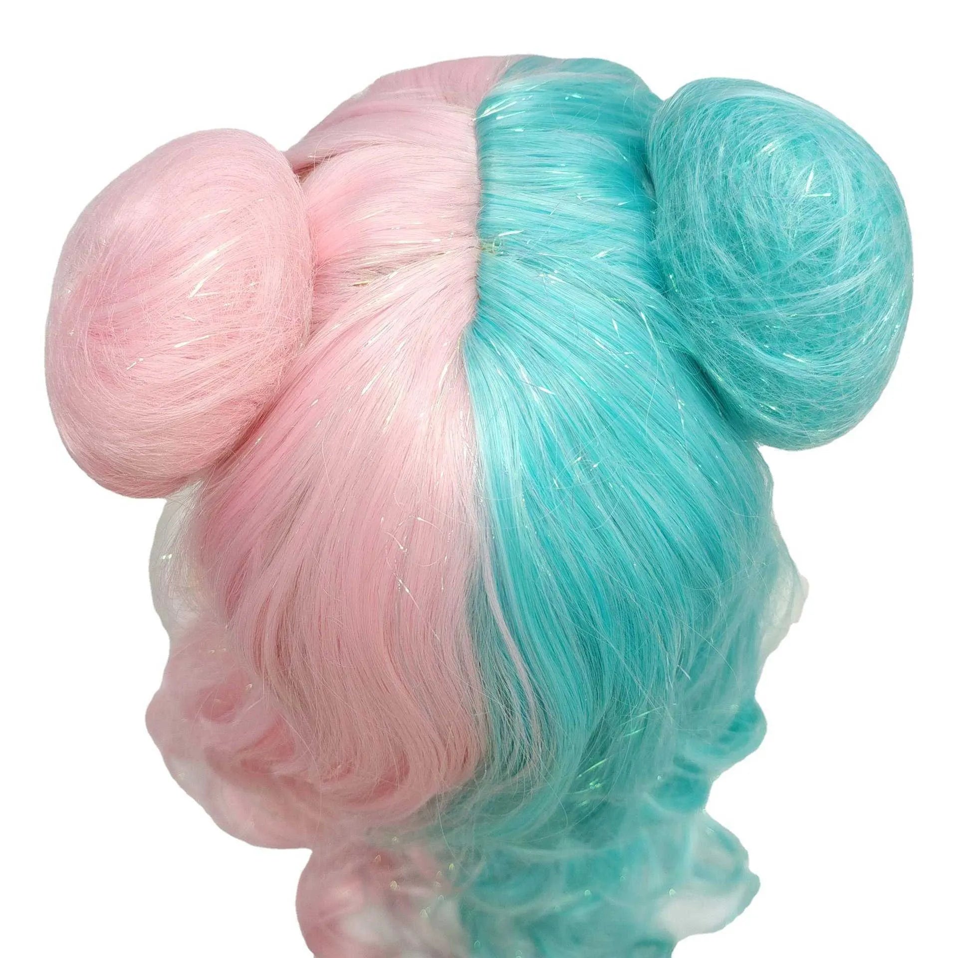 Cute Double Bun Anime Wig – Long Curly Cosplay Hair Cover for Girls