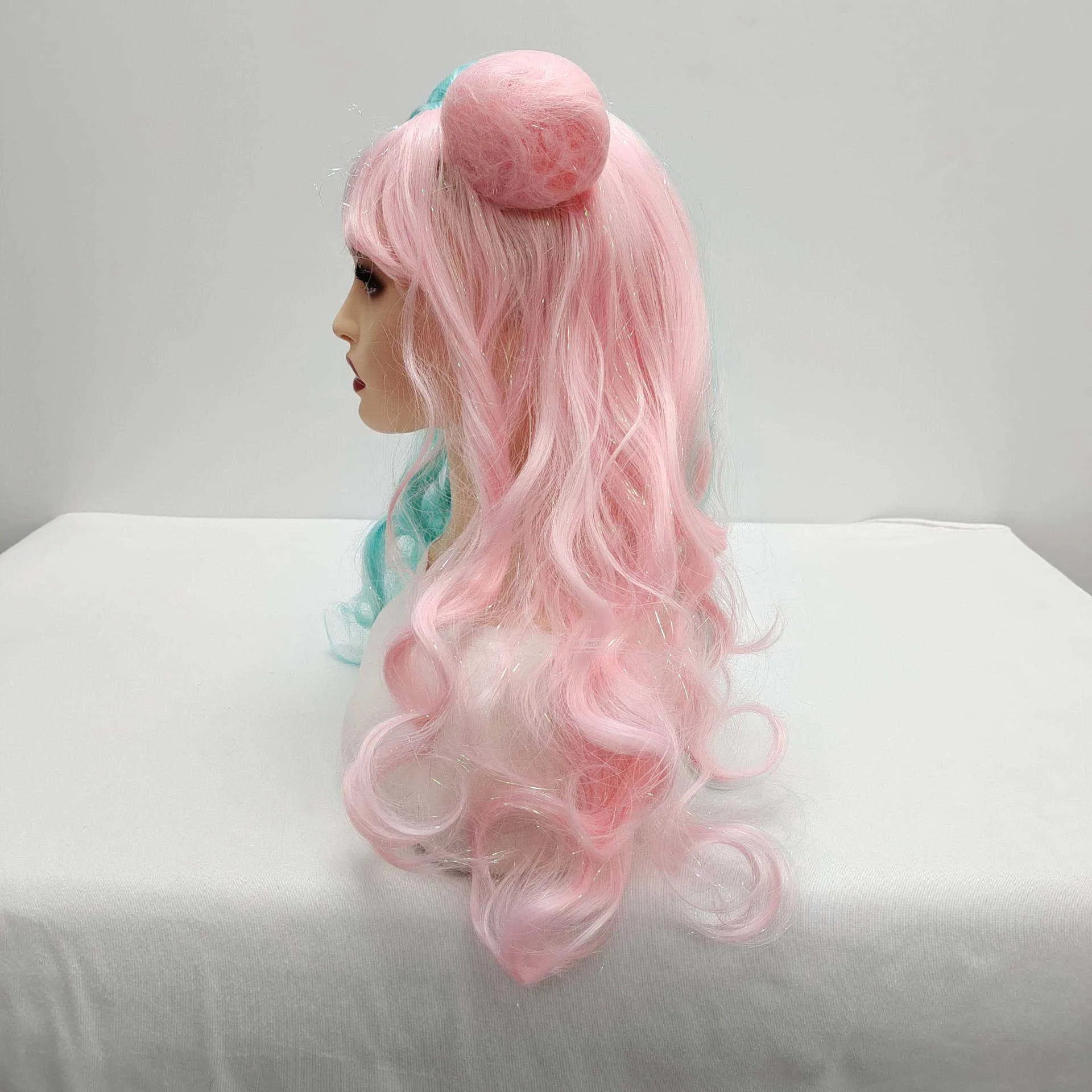 Cute Double Bun Anime Wig – Long Curly Cosplay Hair Cover for Girls