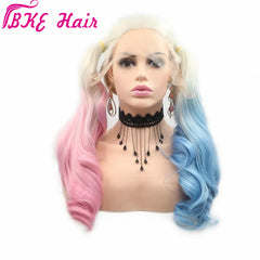 Blonde-to-Pastel Ombre Lace Front Wig – Long Heat-Resistant Blue & Pink Waves