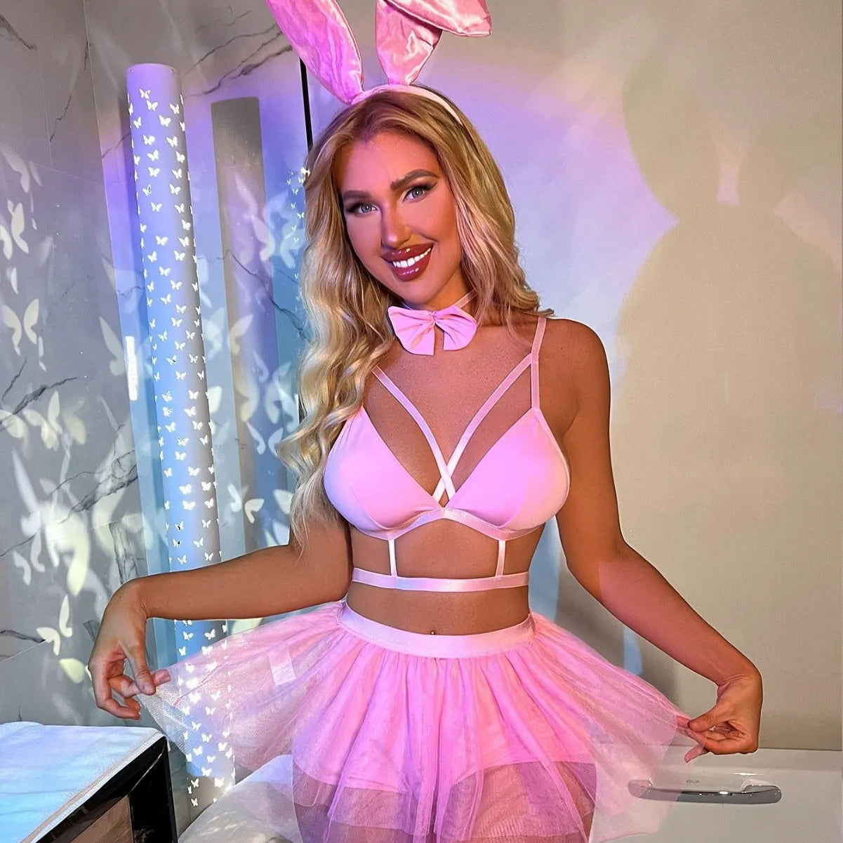 Playful Pink Bunny Two-Piece – Cute Adult Cosplay & Halloween Lingerie Set