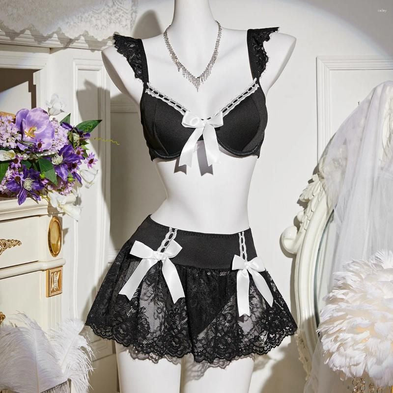 Bold Black Bow Bra & Lace Skirt Set