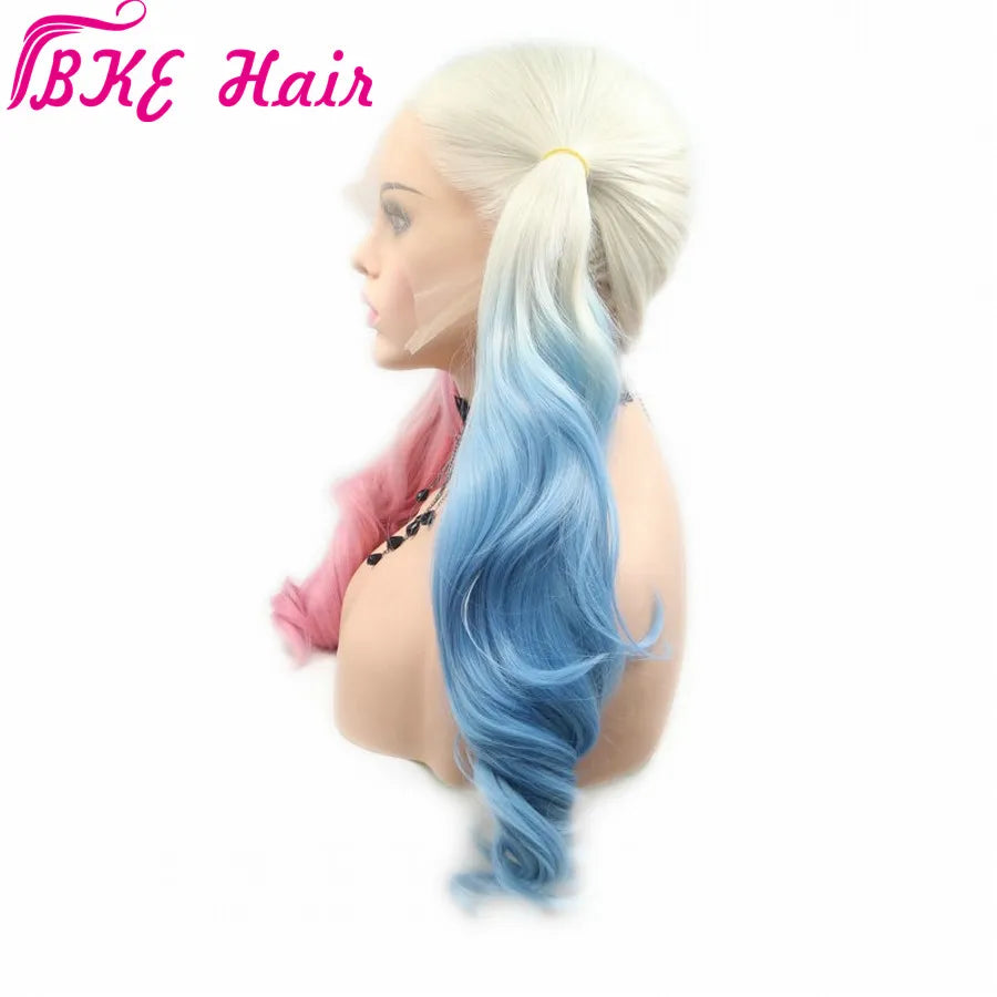 Blonde-to-Pastel Ombre Lace Front Wig – Long Heat-Resistant Blue & Pink Waves