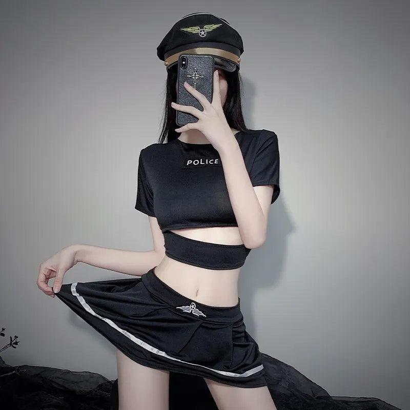 Sexy Cop Costume Set Black Police Officer Uniform - Cropped Top & Pleated Skirt