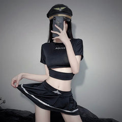 Sexy Cop Costume Set Black Police Officer Uniform - Cropped Top & Pleated Skirt