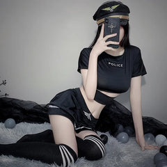 Sexy Cop Costume Set Black Police Officer Uniform - Cropped Top & Pleated Skirt