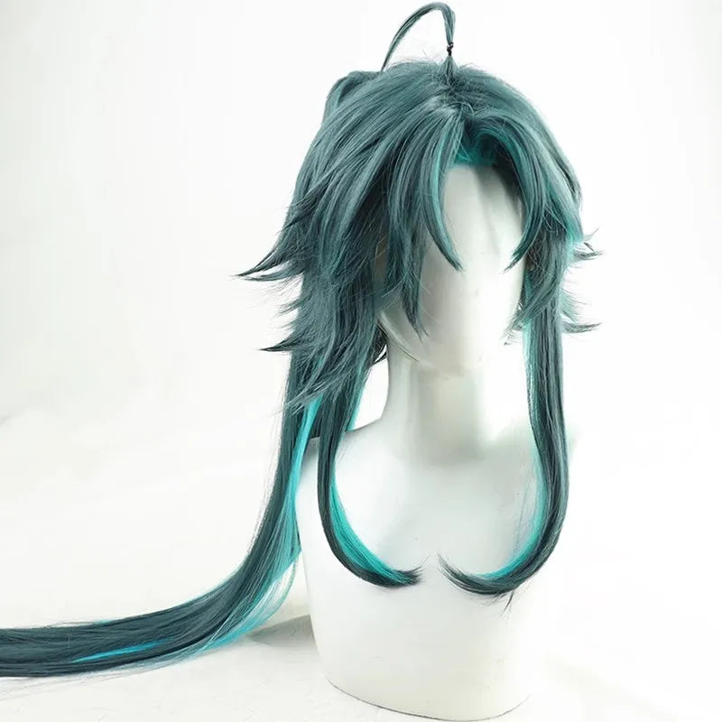 Genshin Impact Mandrill Split Wig – Long Flowing Xiao Cosplay Hair with Mantis Protector Flair