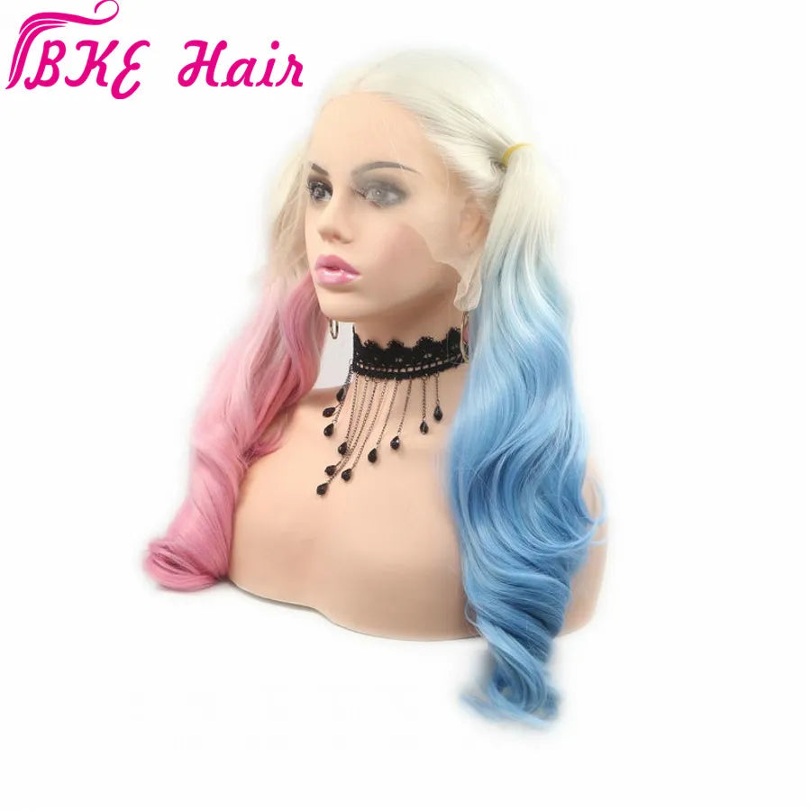 Blonde-to-Pastel Ombre Lace Front Wig – Long Heat-Resistant Blue & Pink Waves