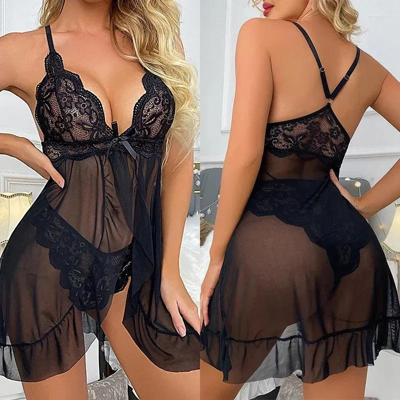 Bras Sets Summer Women Sexy Lingerie Porn Sleepwear Set for Sex Babydolls Underwear Transparent Lace Dress Nightdress Erotic Clothing